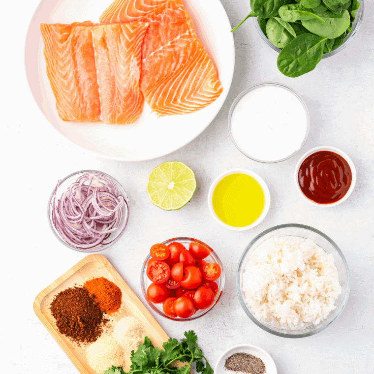 Ingredients needed for Air Fryer Brown Sugar Glazed Salmon on kitchen table.