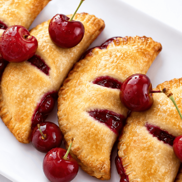 Golden air fryer cherry hand pies cooling on a wire rack, dusted with powdered sugar