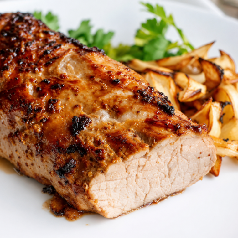 Air fryer teriyaki pork tenderloin with a glossy glaze and roasted onions on a white plate.