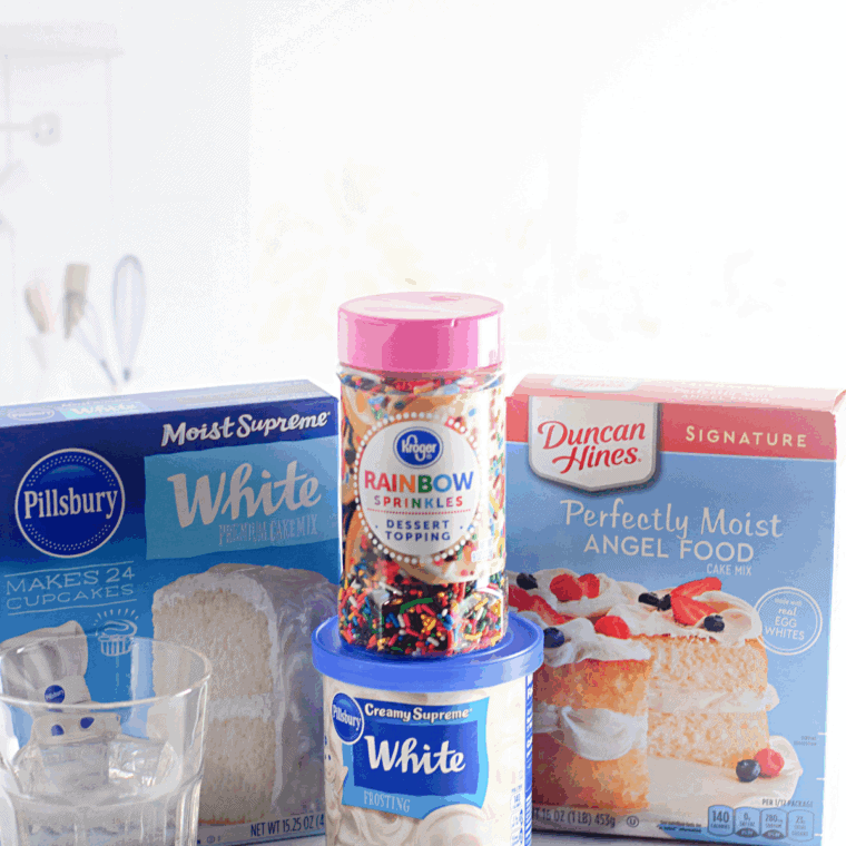 Ingredients needed for Easy Air Fryer Angel Food Mug Cake Recipe on kitchen table.