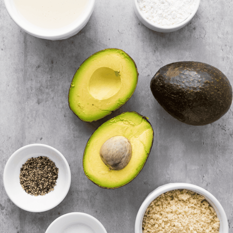 Ingredients needed for Easy Gluten-Free Air Fryer Avocado Fries on kitchen table.