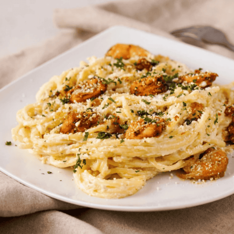 Air fryer Old Bay shrimp served over pasta