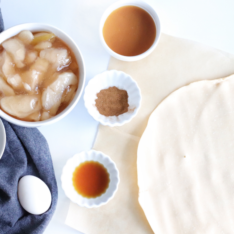 Ingredients needed for Air Fryer Caramel Apple Hand Pies laid out on a counter