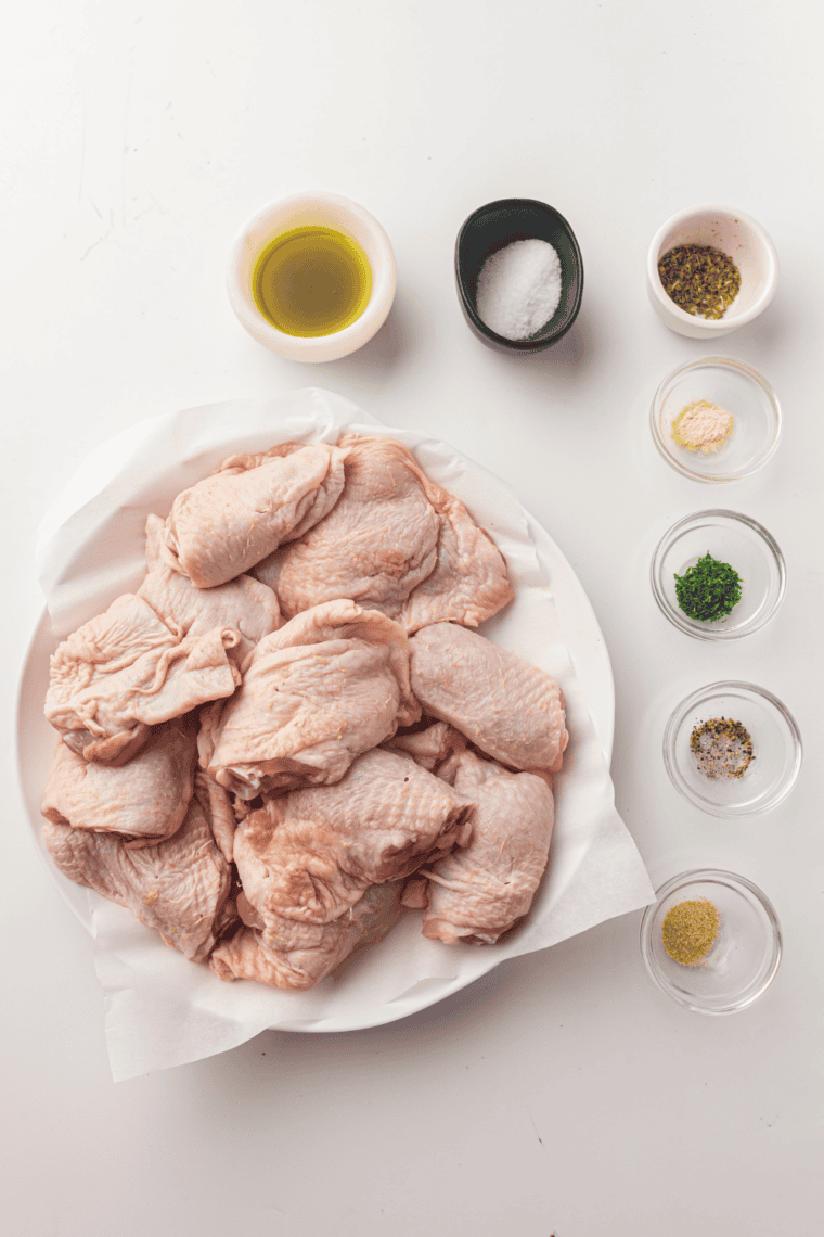 Ingredients needed for Air Fryer Chicken Thighs {Ninja Crispi Recipe} on kitchen table.