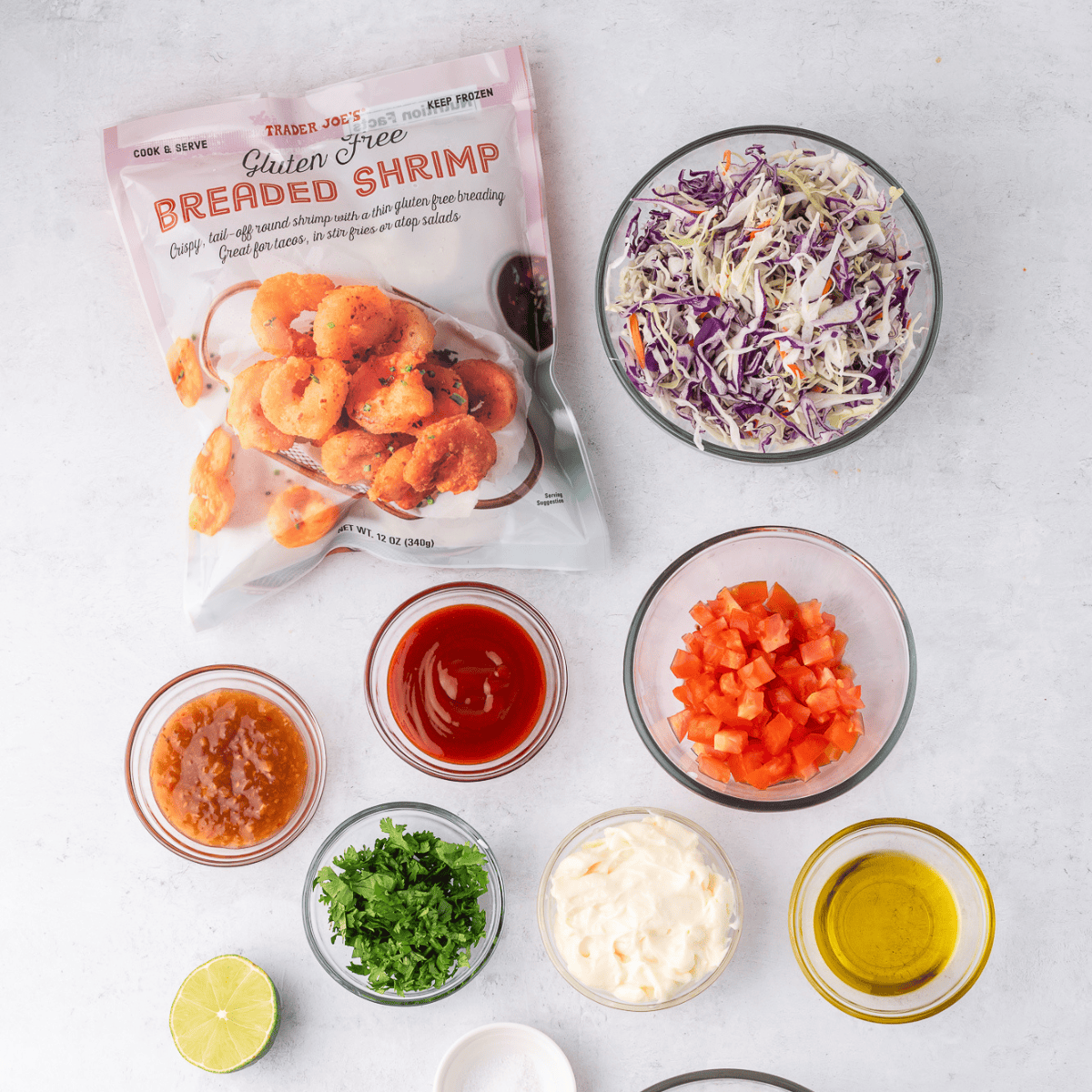 Ingredients needed for Easy Air Fryer Shrimp Taco With Frozen Shrimp on kitchen table.