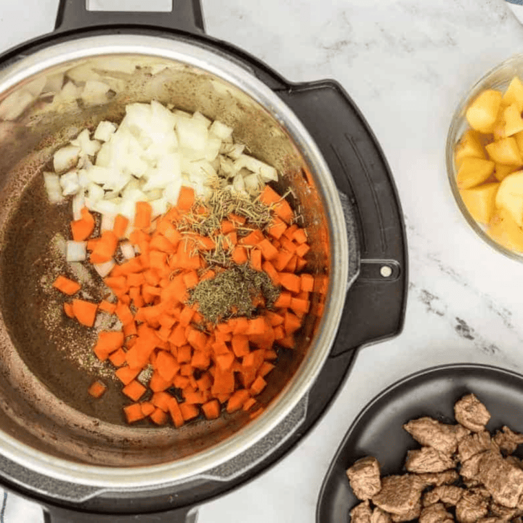 Sautéing onion, carrots, and celery in the Instant Pot for Panera beef stew