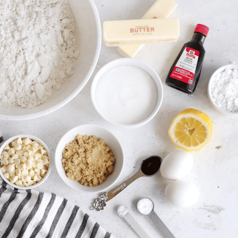 Ingredients needed for Air Fryer Copycat Mrs. Fields White Chocolate Chip Cookies on kitchen table.