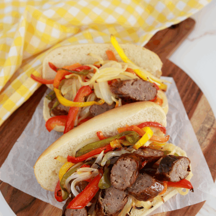 Air Fryer Sausage, Peppers, and Onions plated with perfectly browned sausage and caramelized vegetables.