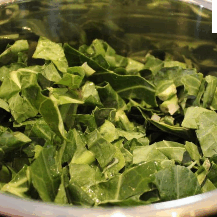 Pressure cooking collard greens in an Instant Pot, before seasoning and bacon.