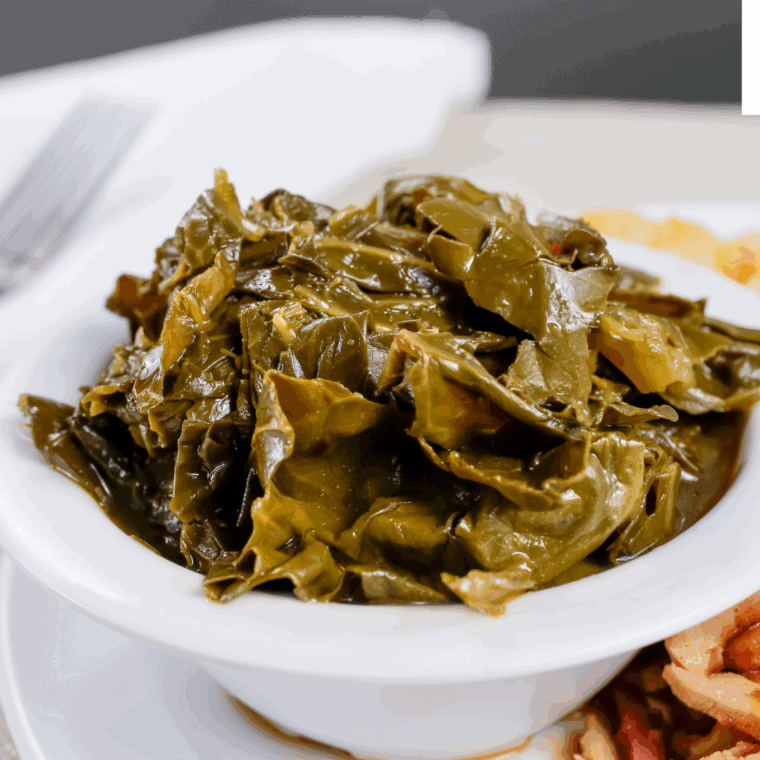Golden Corral style collard greens in a bowl, showing their tender texture and smoky seasoning.