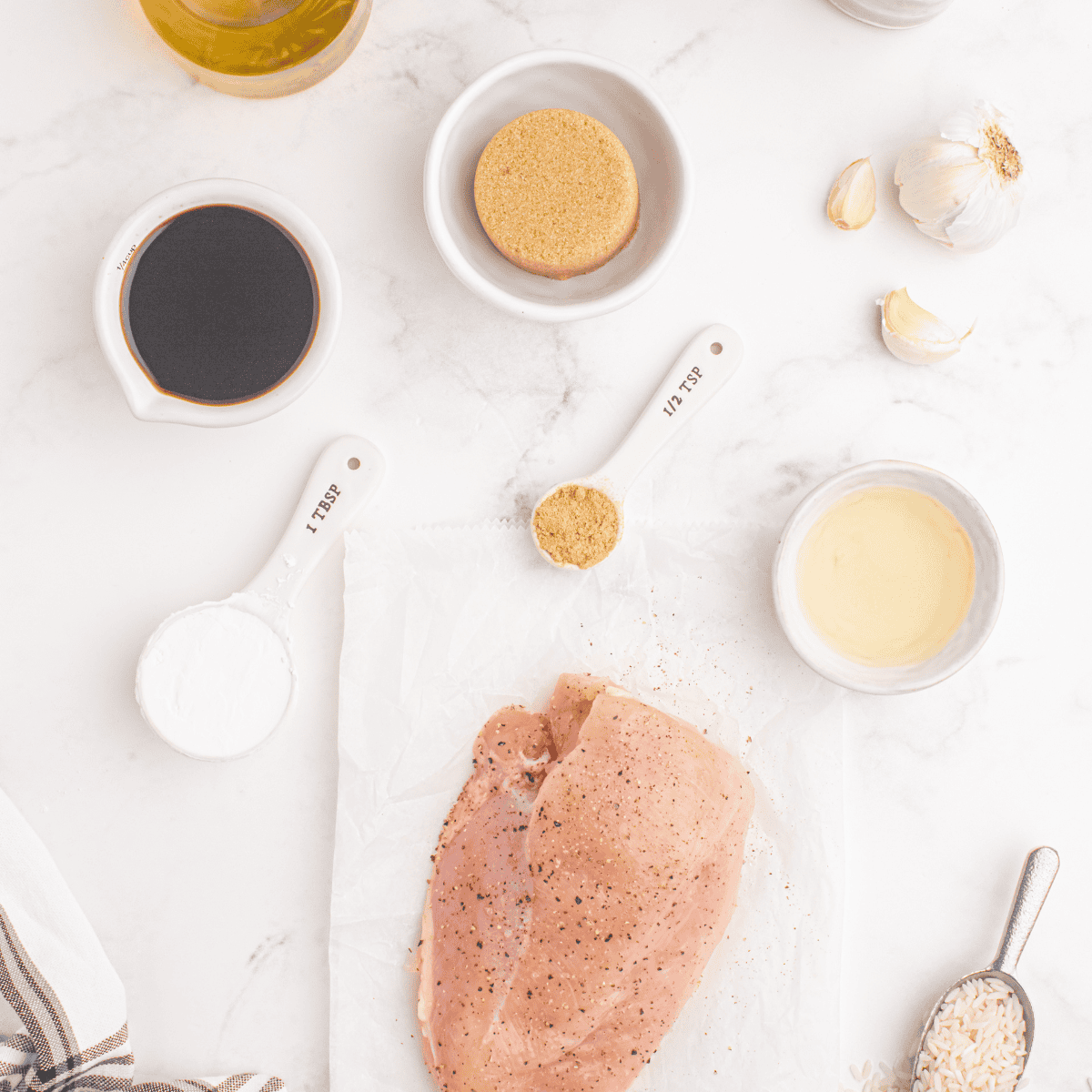 Halal Guys Chicken and Rice ingredients on kitchen table.