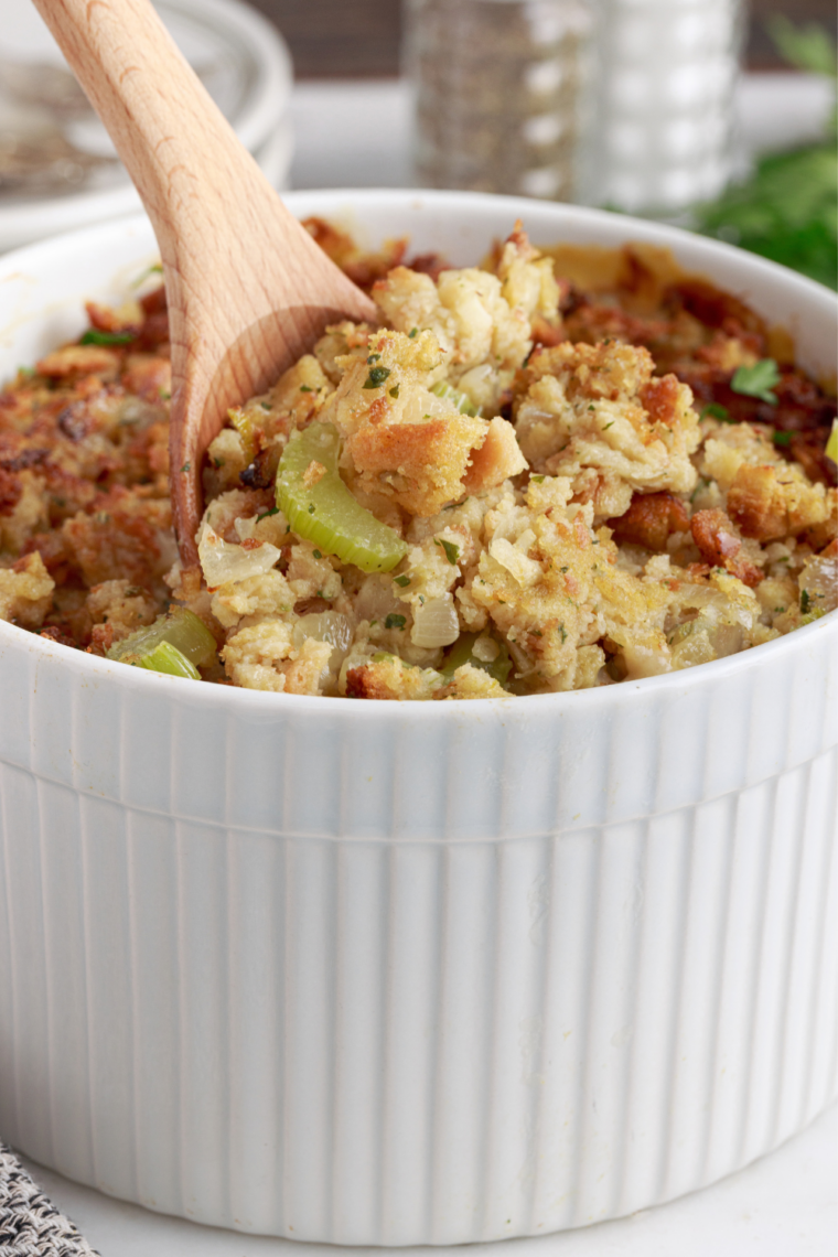 Pioneer Woman chicken stuffing casserole in a 9x13 baking dish with a golden, crispy herb stuffing topping