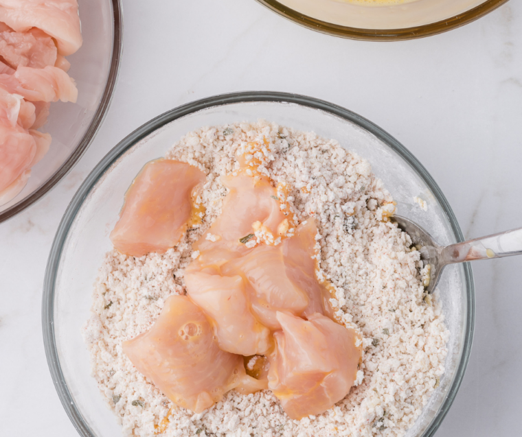 Grated parmesan, panko breadcrumbs, garlic powder and Italian seasoning stirred together in a shallow dish