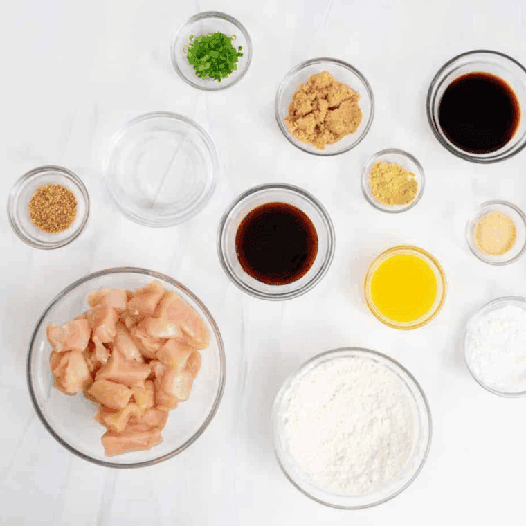 Ingredients needed for Easy Pei Wei Sesame Chicken Copycat Recipe on kitchen table.
