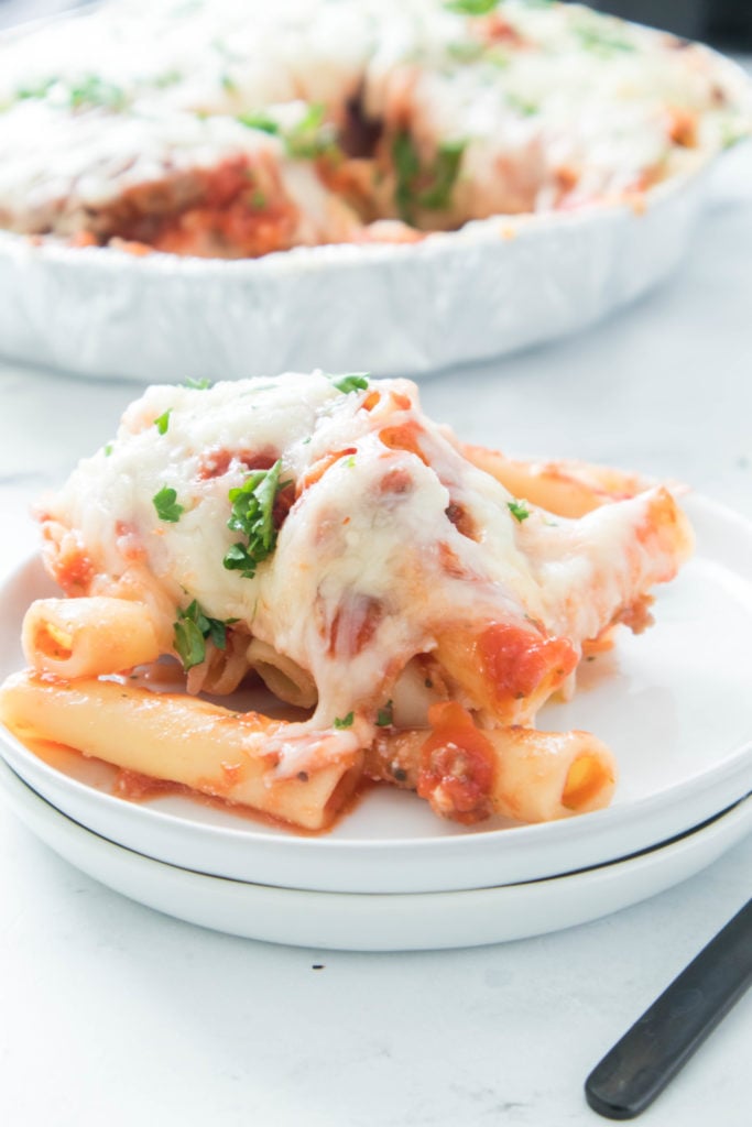 air fryer baked ziti on a white plate