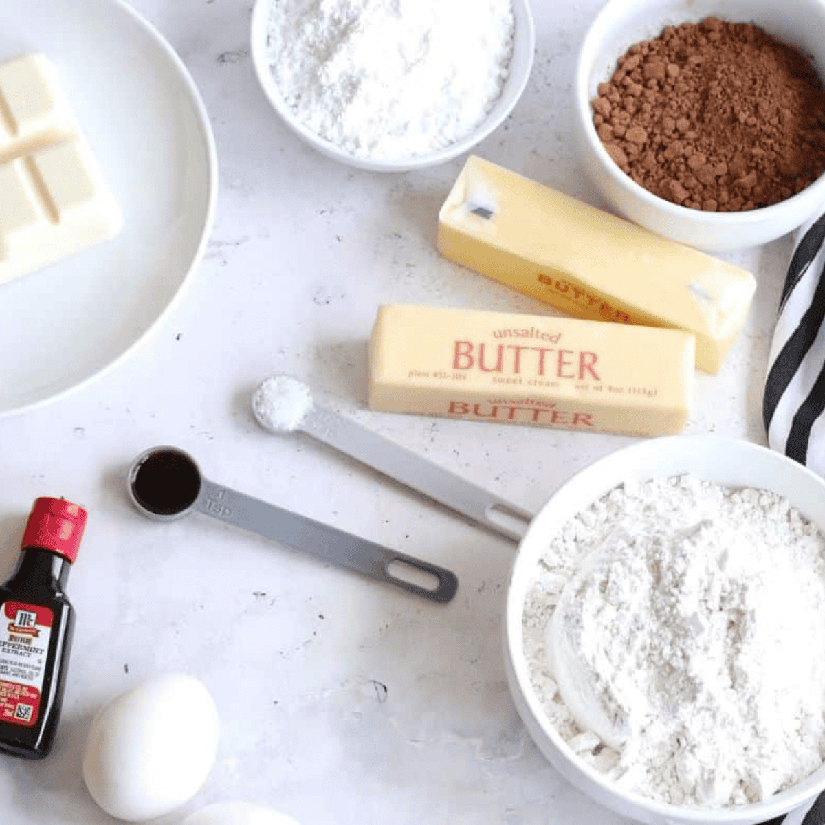 Ingredients needed for Air Fryer Dark Chocolate Peppermint Cookies on kitchen table.
