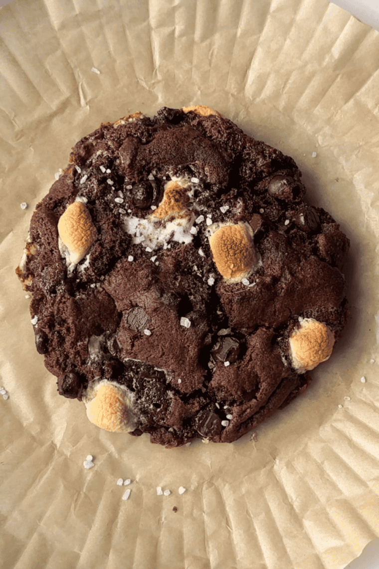 Chewy Air Fryer S&rsquo;mores Cookies with gooey chocolate and marshmallow centers, served on a plate.