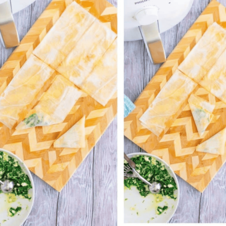 Layering phyllo dough, brushing with olive oil, adding spinach and cheese filling, and folding into small triangular spanakopita pouches.