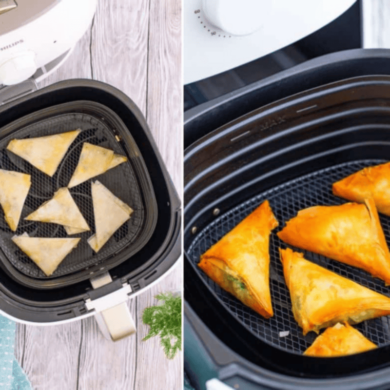 Arranging spanakopita triangles in the preheated air fryer, spraying with olive oil, and cooking until golden and crispy.