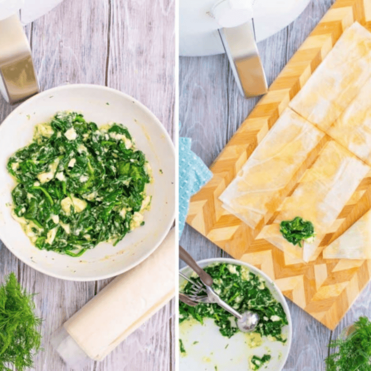 Cooking spinach in olive oil and garlic, then mixing with cheeses, egg white, and herbs in a bowl for spanakopita filling.