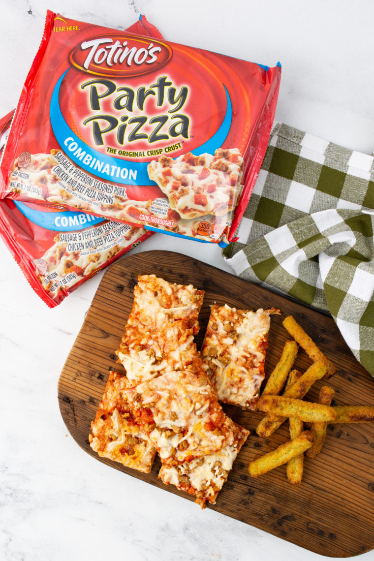 Stretchy melted cheese pull from air fryer Totino's Party Pizza