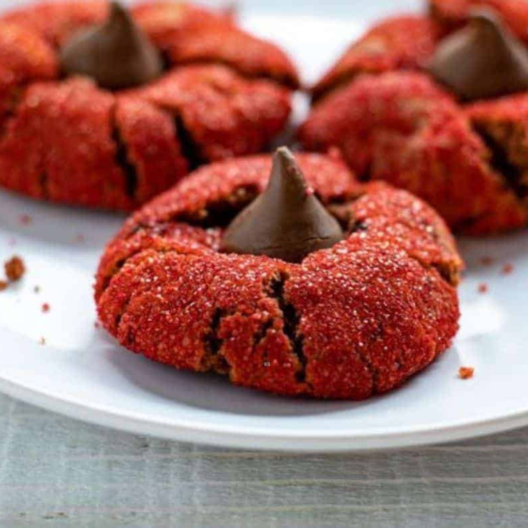 Air Fryer Red Velvet Peanut Butter Blossom Cookies