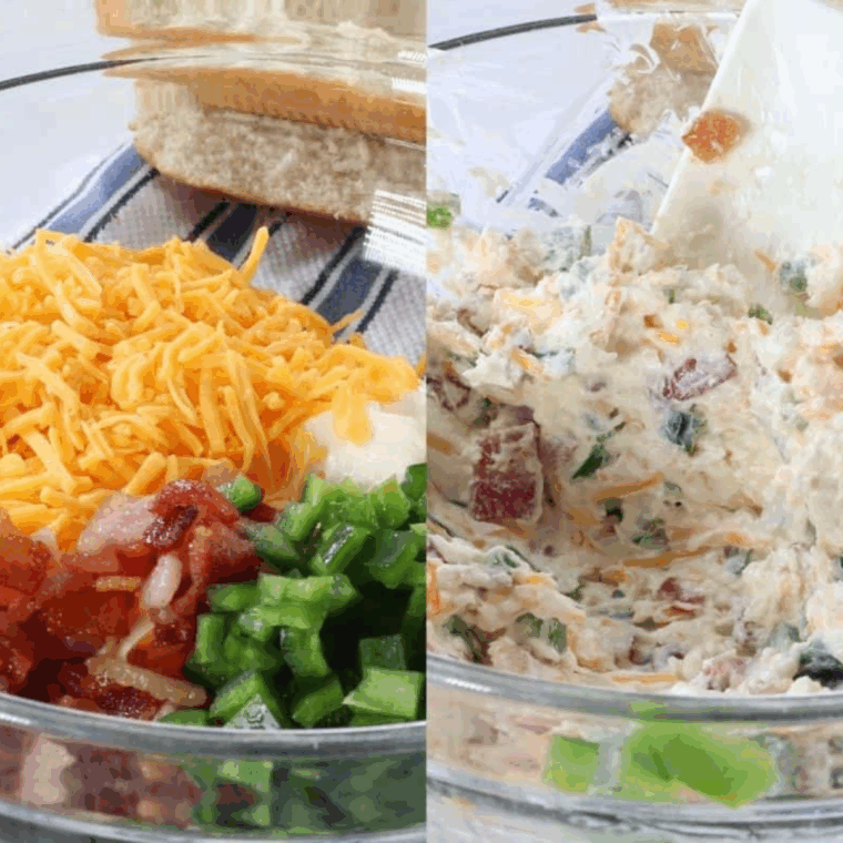 Mixing cream cheese, mayonnaise, cheddar, jalape&ntilde;os, and bacon in a bowl