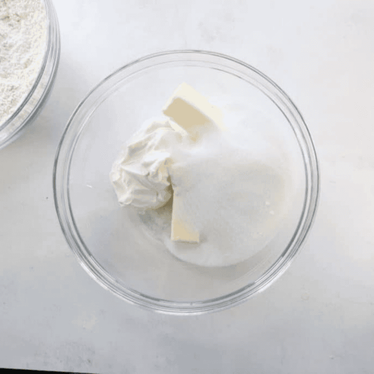 Mixing bowl with butter and sugars being creamed together for Air Fryer Lofthouse Cookies.