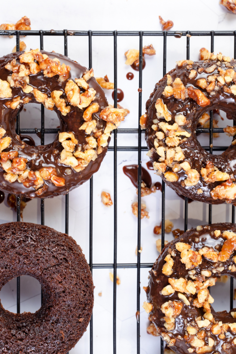 fudgy air fryer brownie donuts with crispy edges and chocolate glaze