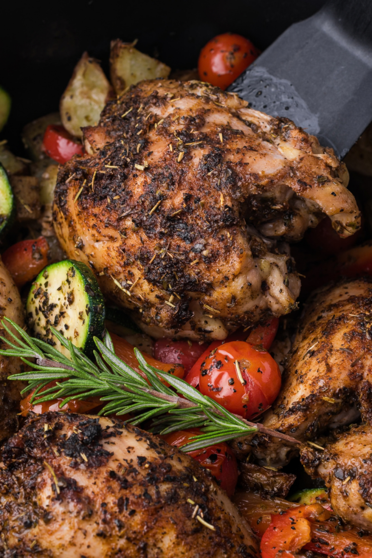: Juicy reheated chicken thighs with golden, crispy skin fresh from the air fryer