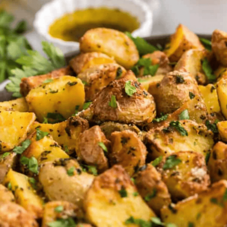Crispy Air Fryer Greek Lemon Potatoes topped with fresh parsley, lemon, and feta, served in a bowl.