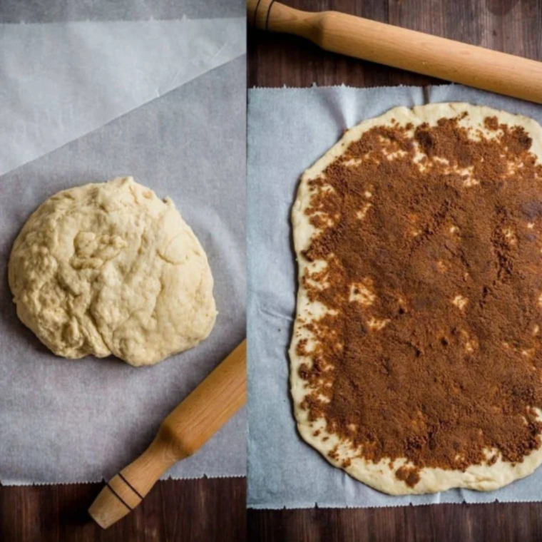 Cinnamon dough log being sliced into thick rolls with a sharp knife
