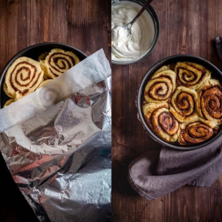 Golden brown baked Pioneer Woman cinnamon rolls fresh from the oven
