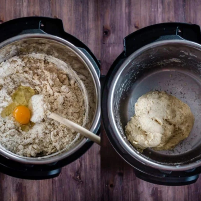 Sticky cinnamon roll dough stirred together with a wooden spoon in a large pot