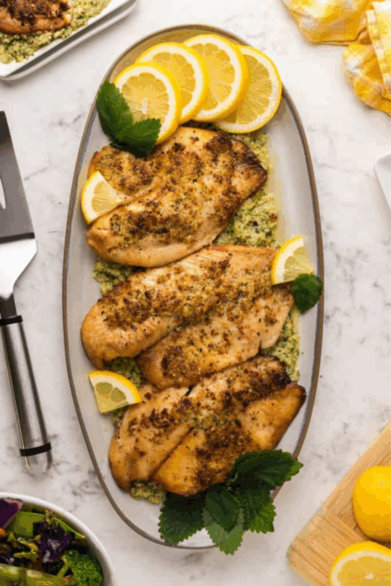 Golden, crispy air fryer frozen tilapia fillets served with lemon wedges and fresh herbs.