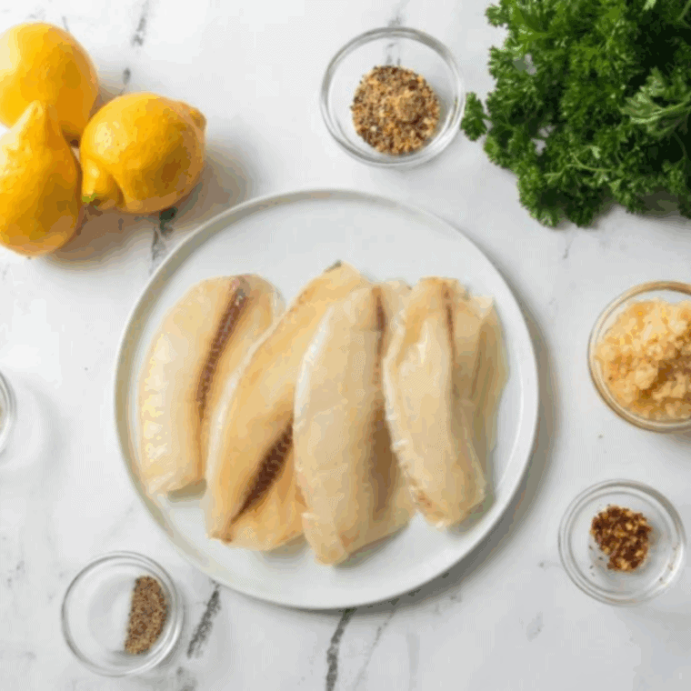 Frozen tilapia fillets brushed with olive oil and seasoned with salt, pepper, lemon juice, and optional spices ready for air frying.