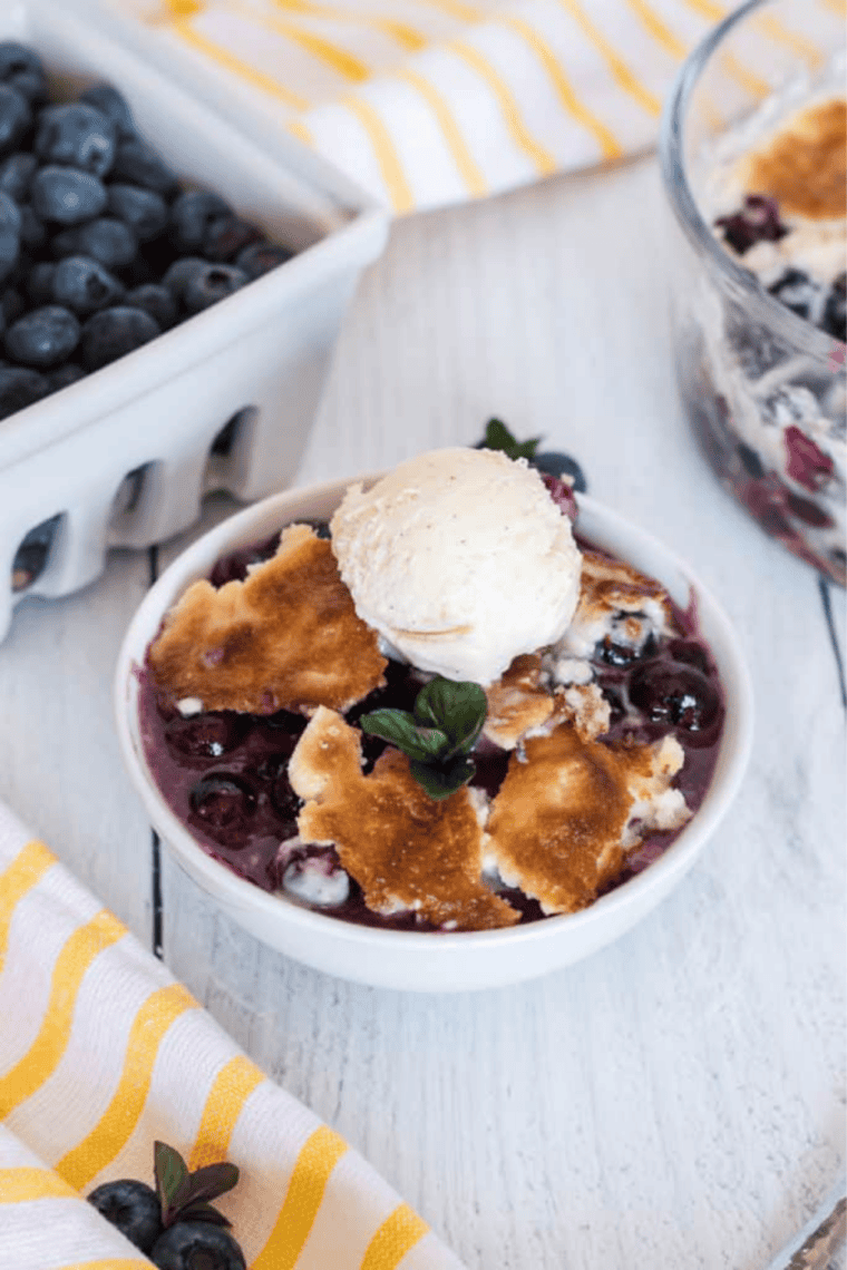 Moist blueberry cake made in Instant Pot topped with fresh blueberries and light glaze, served on a plate for a quick homemade dessert.