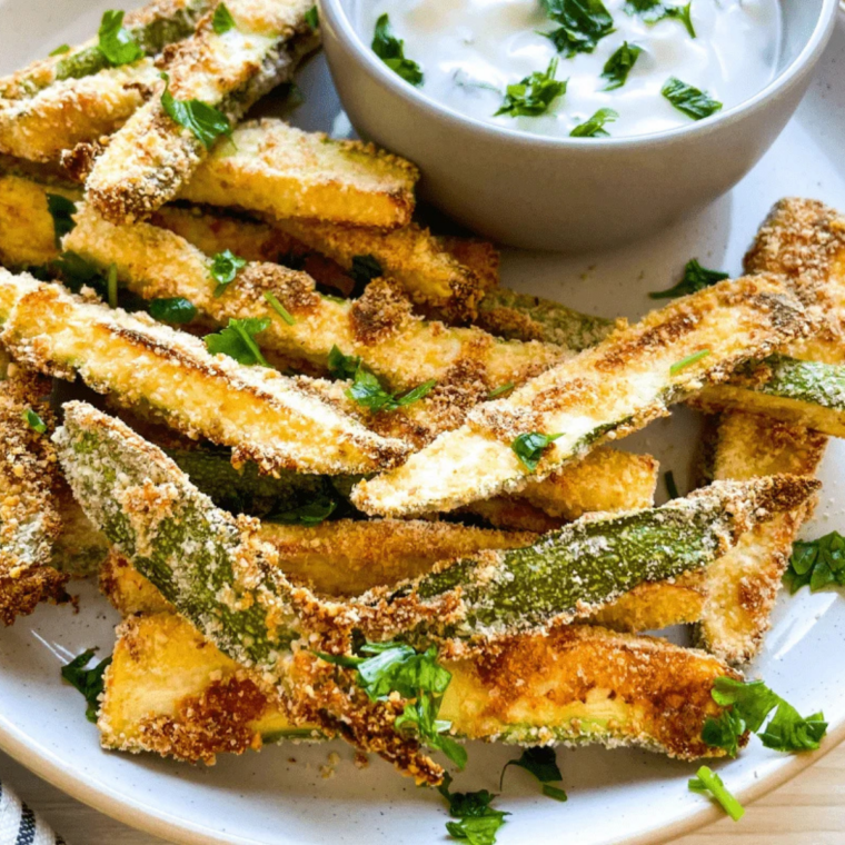 Plate of keto air fryer zucchini fries made with almond flour and parmesan