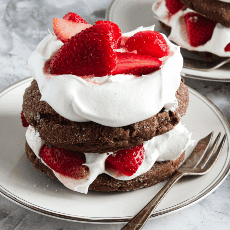 Chocolate strawberry shortcake made in the air fryer, topped with fresh strawberries