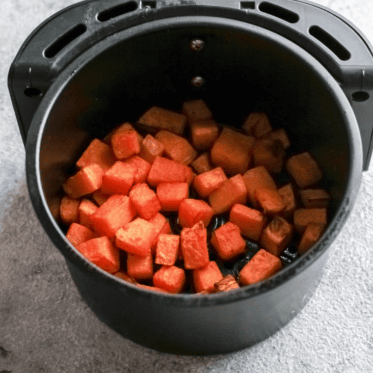 Golden, caramelized air fryer roasted pumpkin with crispy edges, fork-tender and ready to serve
