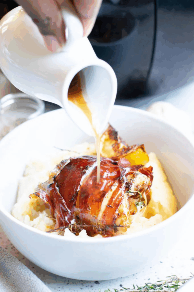 Crispy bacon wrapped boneless chicken thighs cooked in air fryer