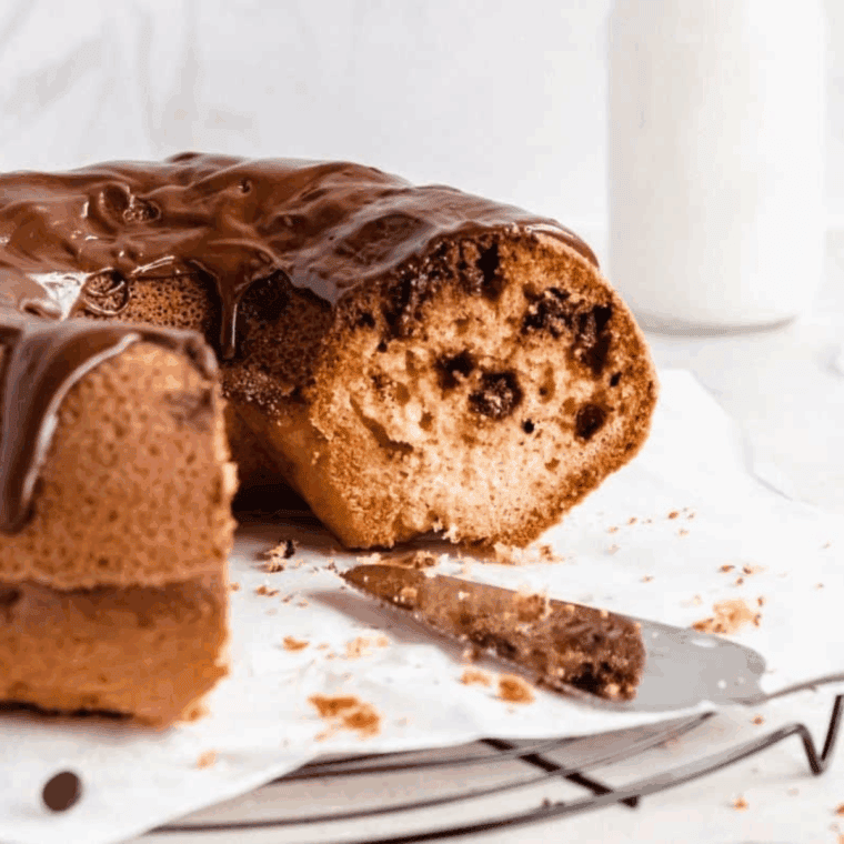 Golden chocolate chip bundt pound cake made in an air fryer, sliced and ready to serve.