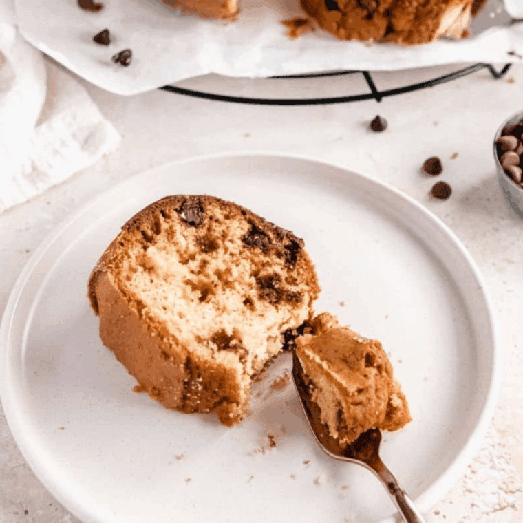 Air fryer chocolate chip bundt pound cake, golden and sliced, ready to serve.