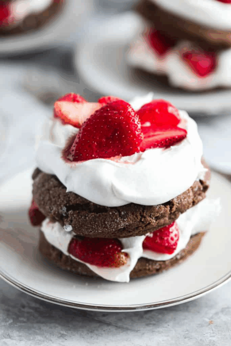 Assembling chocolate strawberry shortcakes with whipped cream and sugared strawberries in layers