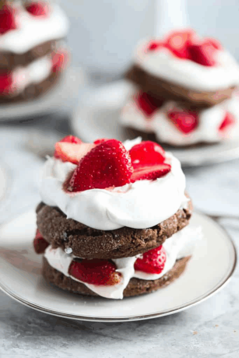 Chocolate strawberry shortcakes made in the air fryer, layered with whipped cream and fresh strawberries