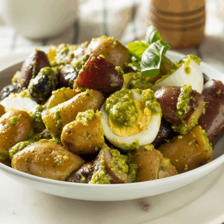 Golden air fryer potato cubes coated in vibrant green pesto, crispy outside, tender inside, served on a plate.