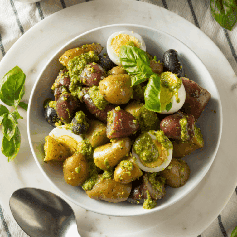 Golden-brown air fryer potato cubes coated in vibrant green pesto, crispy outside, tender inside, served on a plate.