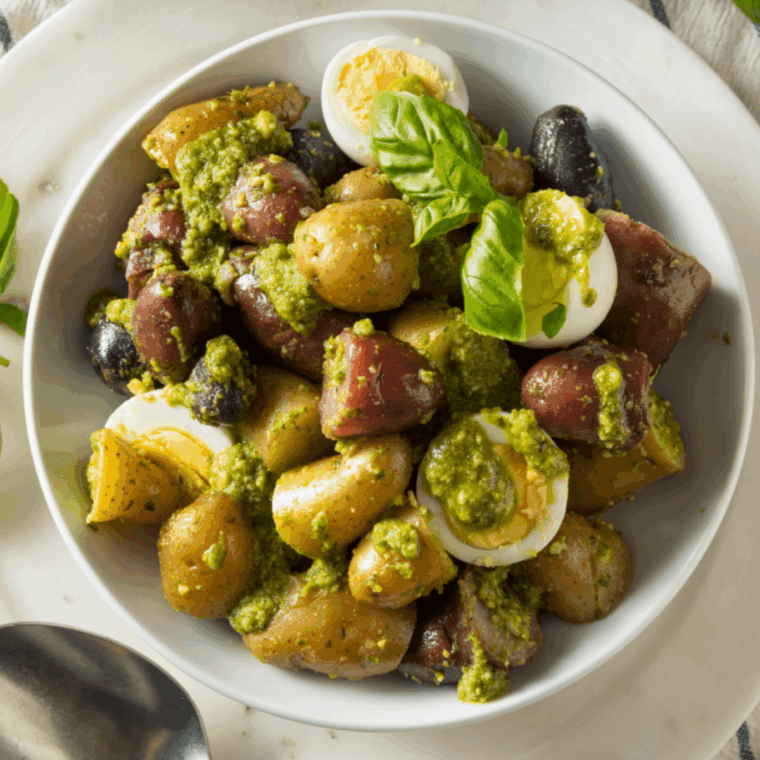 Golden air fryer potatoes tossed in fresh green pesto, crispy outside and tender inside, served on a plate.