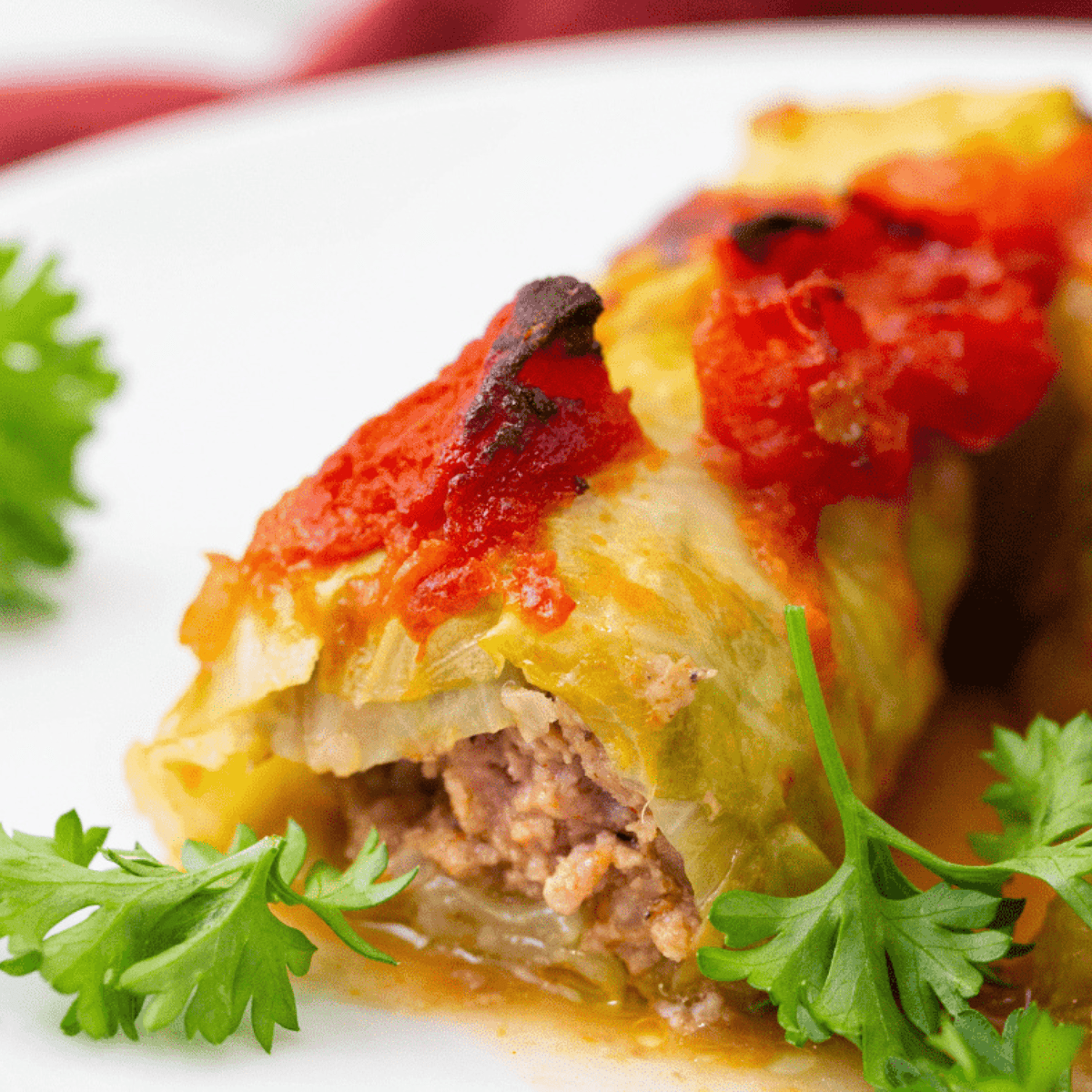 Air fryer stuffed cabbage rolls on a plate, filled with seasoned ground meat and rice, ready to serve.