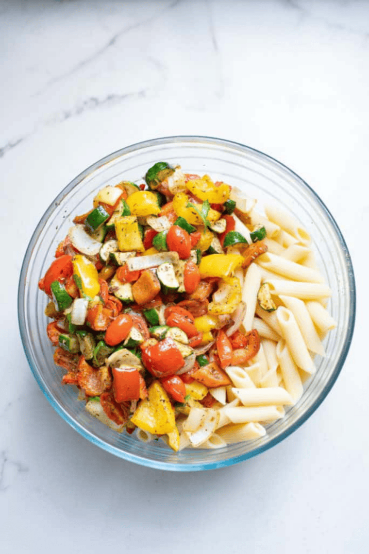 Cooked pasta, roasted air fryer vegetables, and halved olives combined in a large white serving bowl ready for dressing